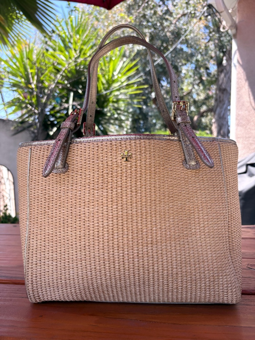 Tory Burch York Buckled Straw Tote Bag Purse Metallic